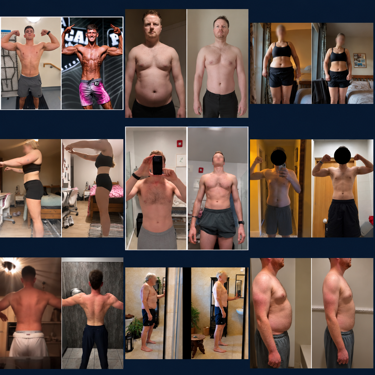 Nine before-and-after transformation photo pairs from Legal Edge clients and Calum